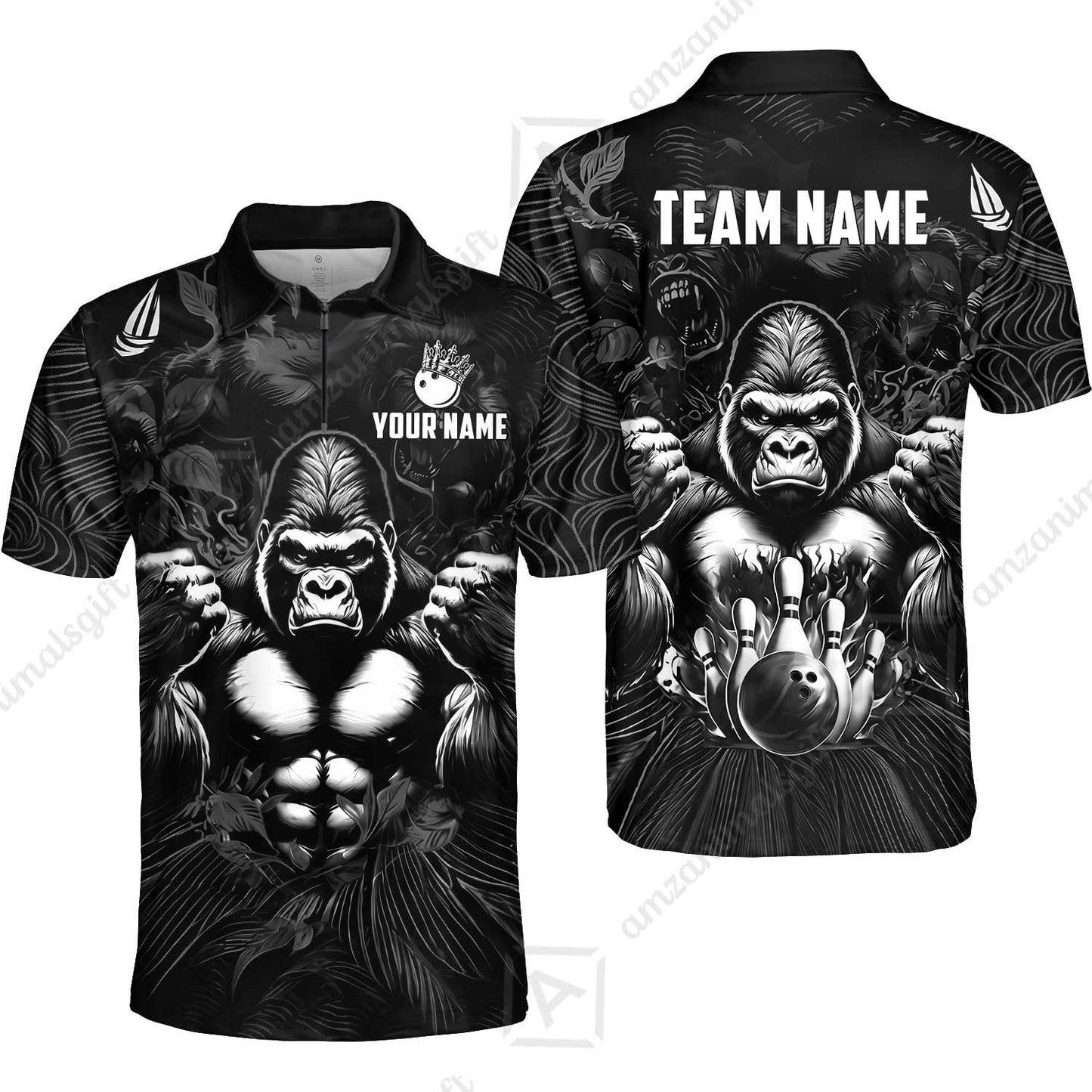Custom Bowling Jersey Polo Shirt, Furious Gorilla Mascot, Custom Bowling Jersey Team Shirt For Players With Name & Team Name