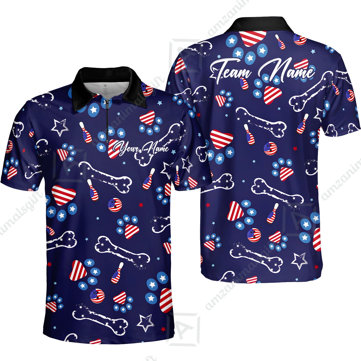 Custom Bowling Jersey Polo Shirt, US Dog Footprint, Personalize Name and Team Name
