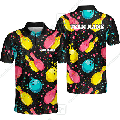 Customized Bowling Unisex Polo Shirt, Funny Colorful Donuts Bowling Pins and Ball, Personalized Name And Team Name