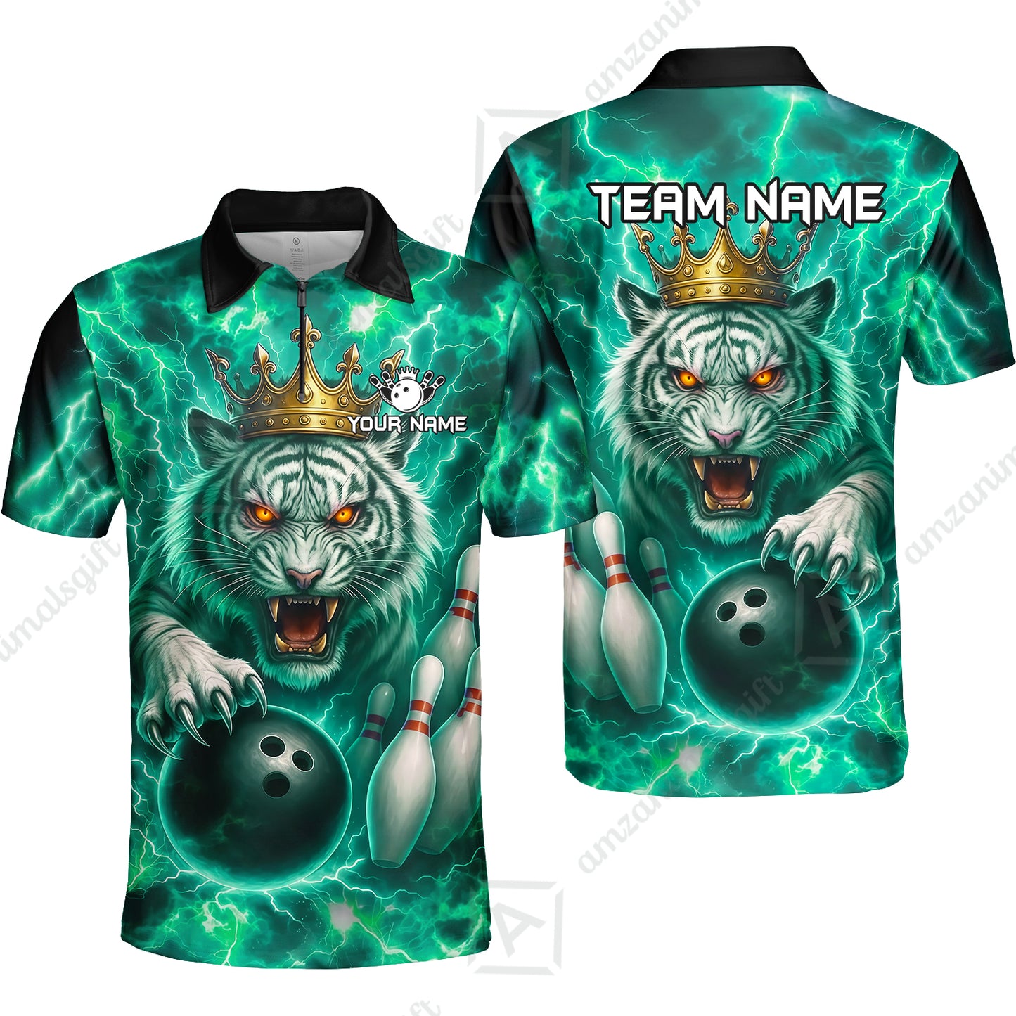 Custom Bowling Team Quarter-Zip Polo Shirt, Bowling White Tiger Lighting Shirt, Personalized Team Shirt with Custom Name