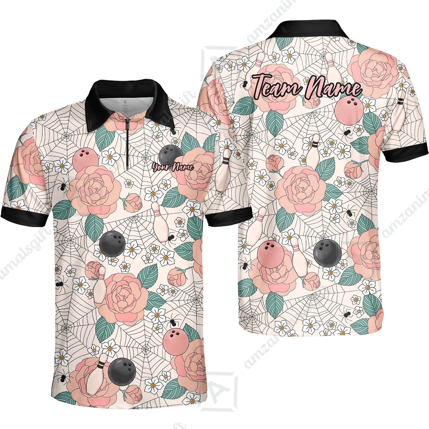 Custom Bowling Jersey Polo Shirt, Spider Flower Pattern Bowling, Personalized Name And Team Name