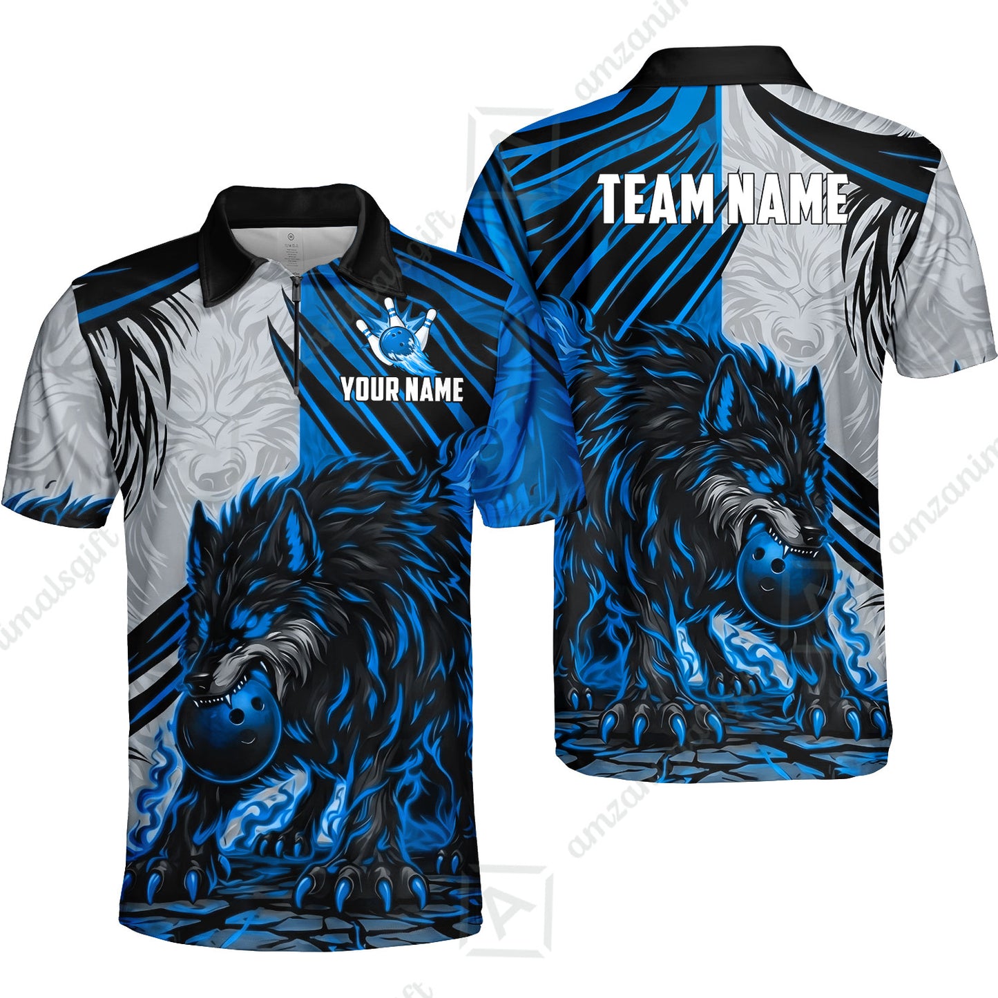 Custom Bowling Jersey Polo Shirt, Lone Wolf Strike & Emerald Frost, Custom Bowling Jersey Team Shirt For Players With Name & Team Name