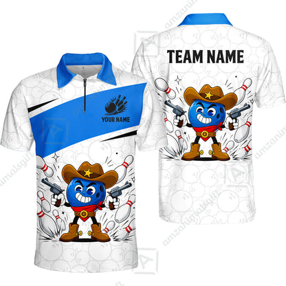Custom Bowling Jersey Polo Shirt, Retro Cartoon Cowboy Ball, Custom Bowling Jersey Team Shirt For Players With Name and Team Name