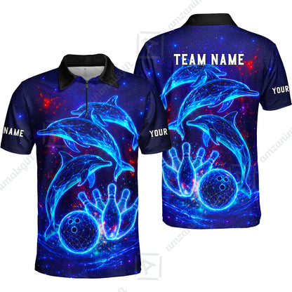 Customized Bowling Shirt, Cosmic Dolphin, Personalized Polo Shirt For Players With Name & Team Name