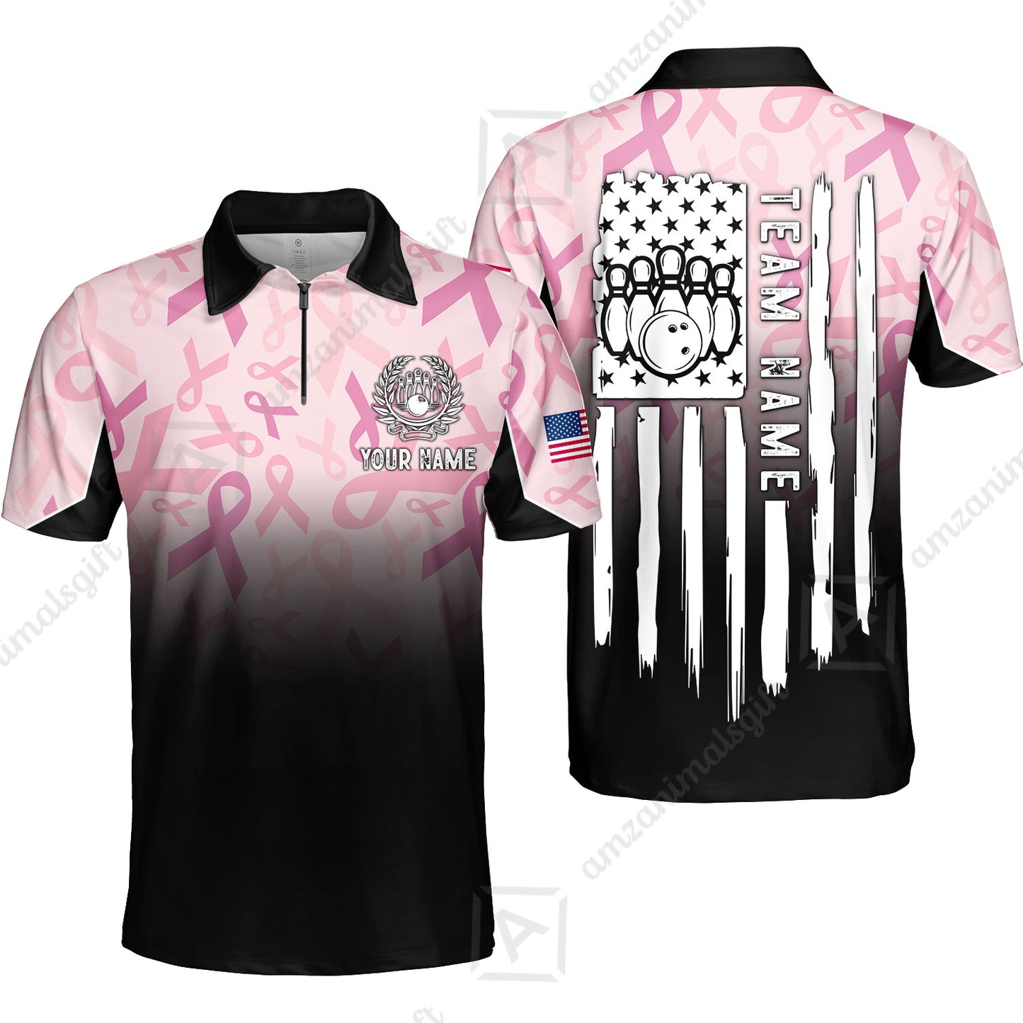 Custom Bowling Jersey Polo Shirt, Ribbon Breast Cancer Awareness Flag, Custom Bowling Jersey Team Shirt For Players With Name and Team Name