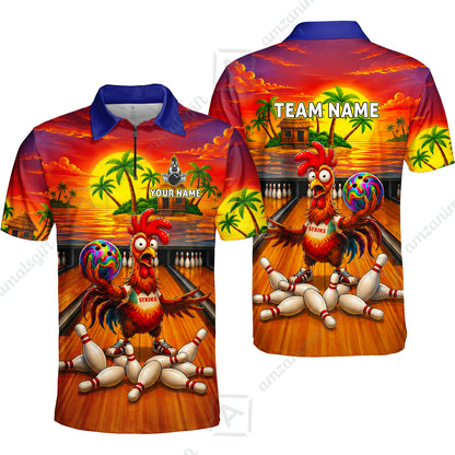 Custom Bowling Jersey Polo Shirt, Funny Tropical Island Rooster Strike, Custom Bowling Jersey Team Shirt For Players With Name and Team Name