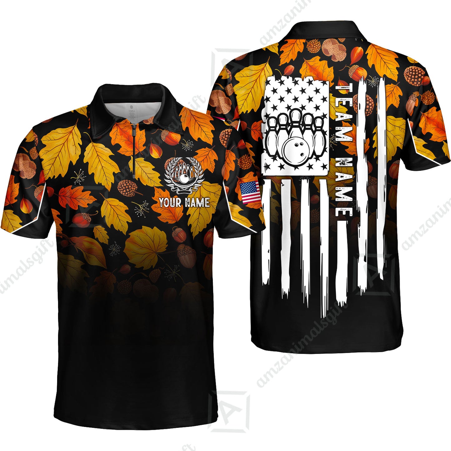 Custom Bowling Jersey Polo Shirt, Autumn Leaves Patriotic Vertical Flag, Custom Bowling Jersey Team Shirt For Players With Name and Team Name