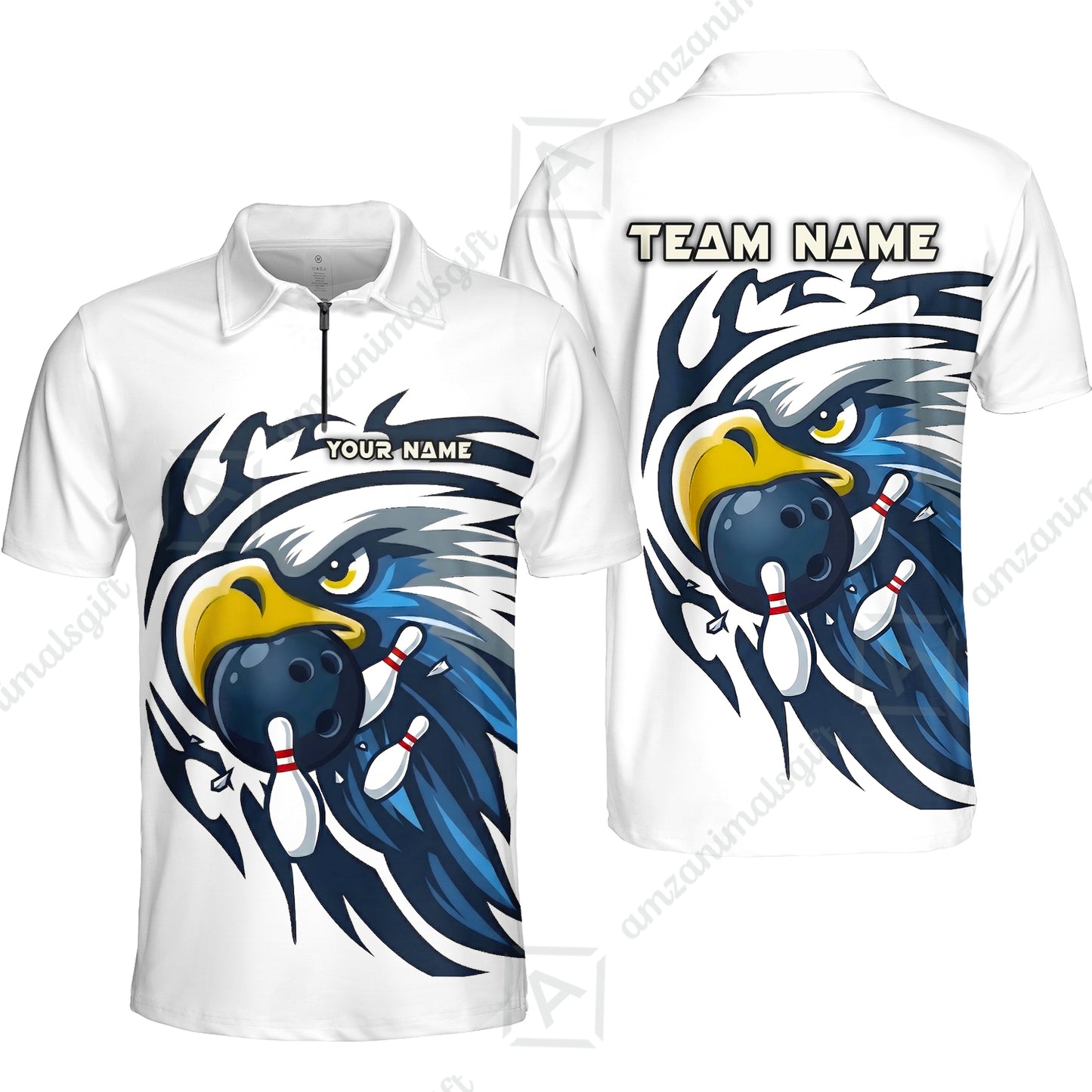 Custom Bowling Jersey Polo Shirt, Majestic Blue Eagle Mascot, Custom Bowling Jersey Team Shirt For Players With Name and Team Name