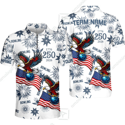 Custom Bowling Jersey Polo Shirt, USA 250 Years of Independence Bowling, Custom Bowling Jersey Team Shirt For Players With Name and Team Name