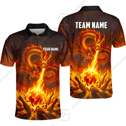 Custom Bowling Jersey Polo Shirt, Asian Dragon's Fire Strike, Custom Bowling Jersey Team Shirt For Players With Name & Team Name