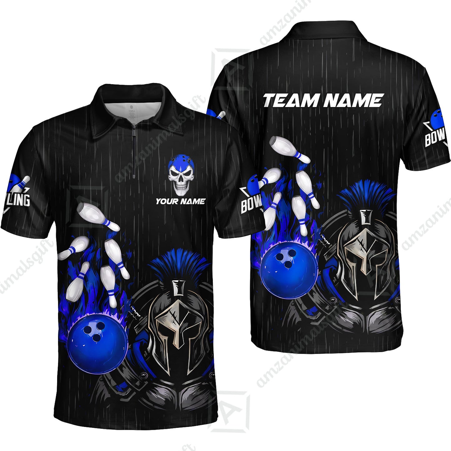 Custom Bowling Jersey Polo Shirt, Fire Bowling Knight Rain Skull Logo, Personalize Name & Team Name