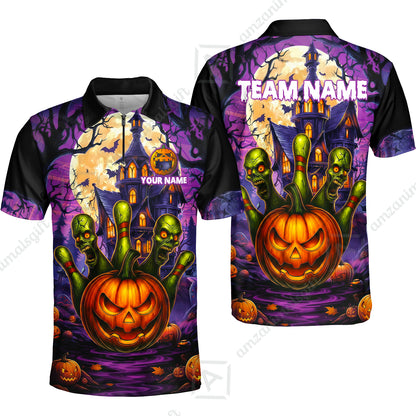 Custom Halloween Bowling Short Sleeve Men Polo Shirt, Halloween Pumpkin Zombie Pins Personalized Shirt with Name and Team Name, Custom Bowling Team Uniforms Jerseys