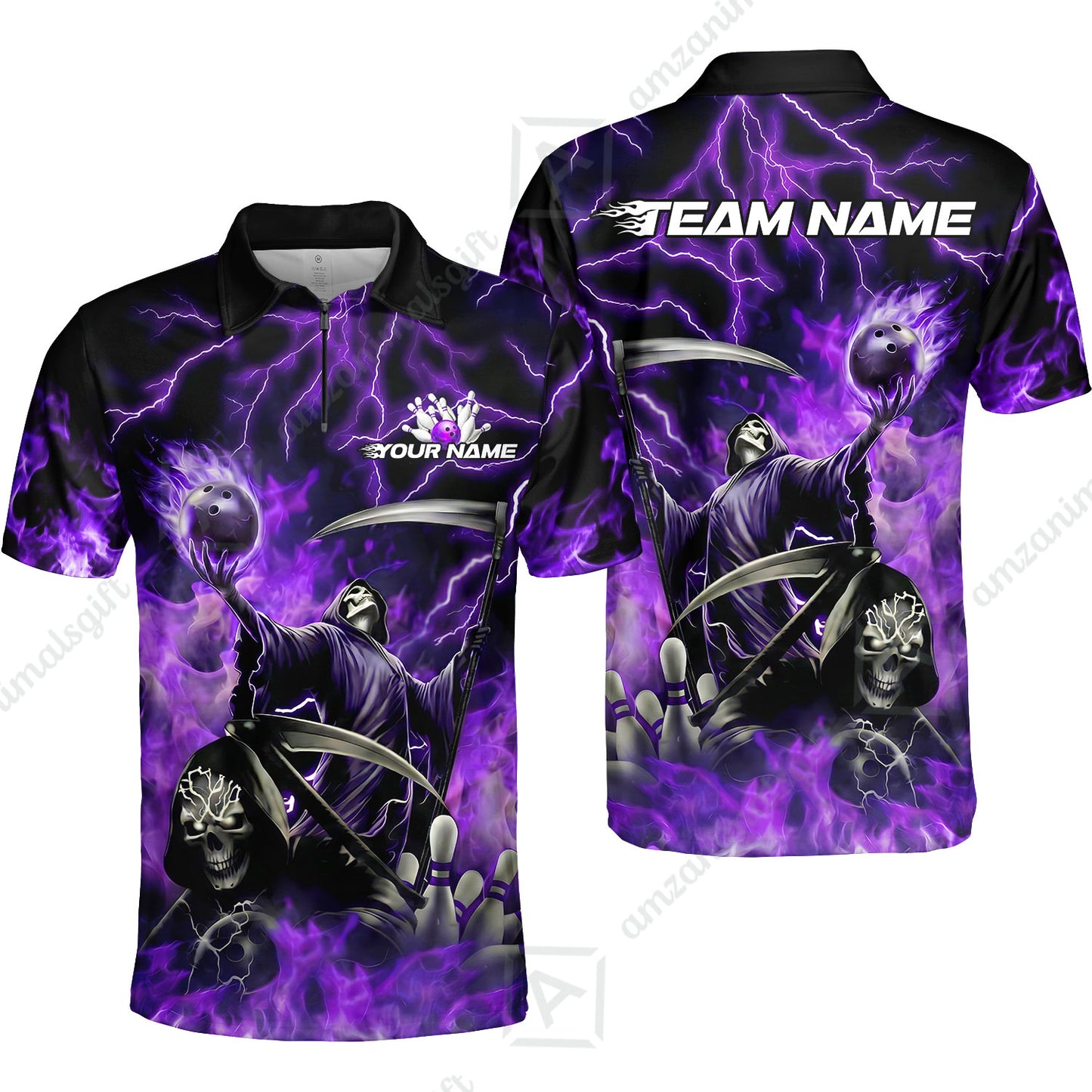 Custom Bowling Team Quarter-Zip Polo Shirt, Grim Reaper Skull With Flame Bowling Lightning Design for Bowlers, Personalized Shirt with Name and Team Name