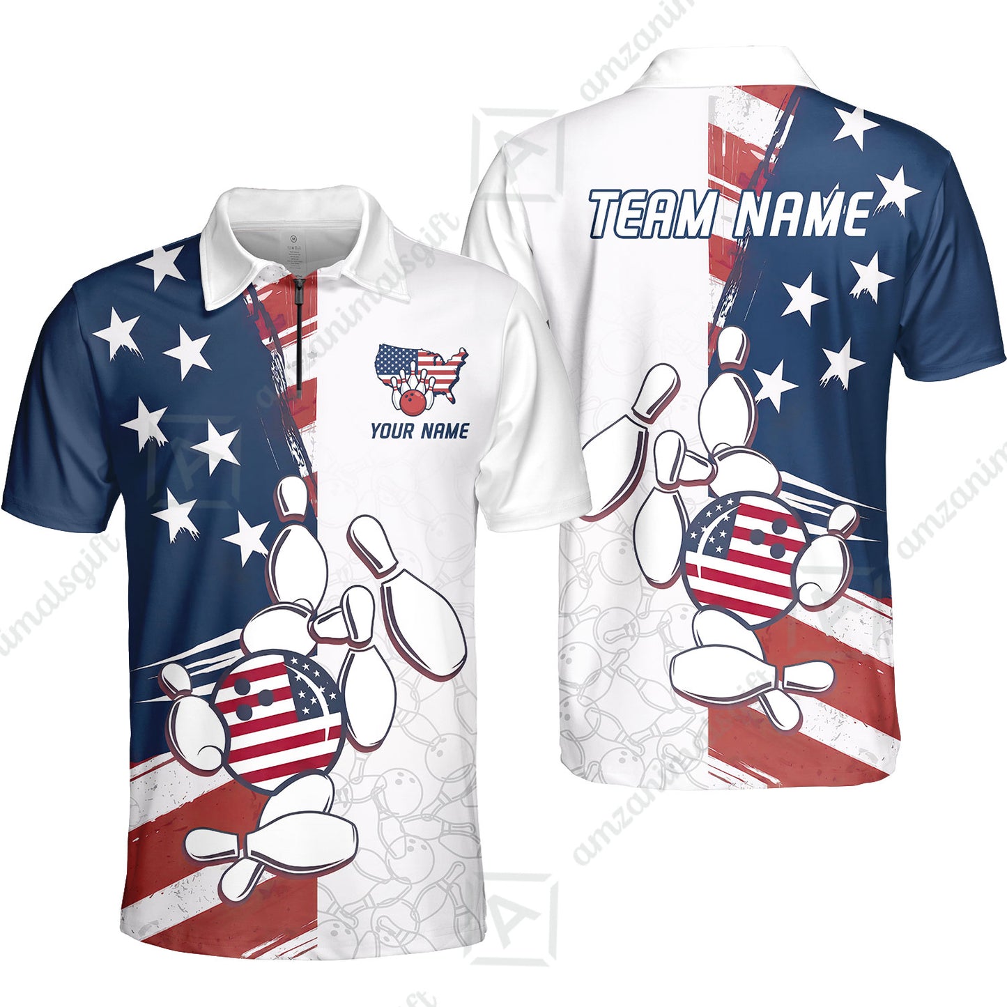 Custom Bowling Jersey Polo Shirt, USA Flag Bowling Ball Custom Bowling Jersey Team Shirt For Players With Name & Team Name