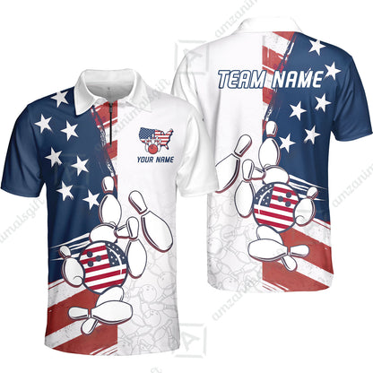 Custom Bowling Jersey Polo Shirt, USA Flag Bowling Ball Custom Bowling Jersey Team Shirt For Players With Name & Team Name