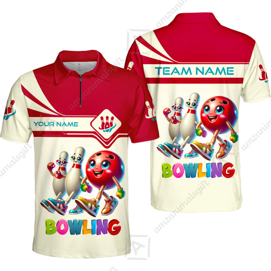 Customized Bowling Quarter-Zip Polo Shirt, Bowling Ball and Pins Together Zip Polo Shirt Uniform For Bowlers, Bowling Team