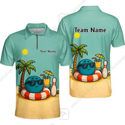Custom Bowling Polo Shirt, Cute Cartoon Bowling Beach Custom Bowling Polo Team Shirt For Players With Name & Team Name