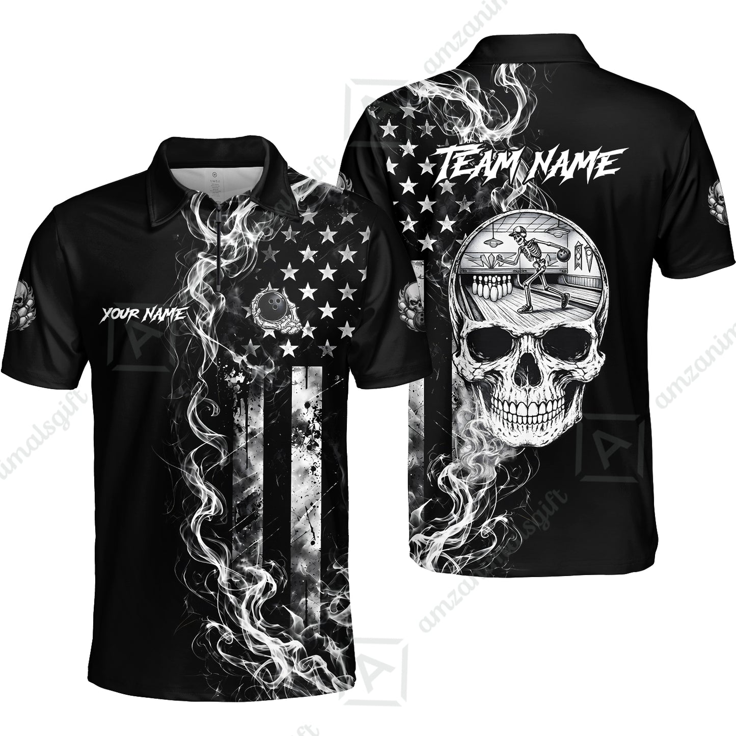 Custom Bowling Jersey Polo Shirt, Gothic Skeleton Skull Strike, Custom Bowling Jersey Team Shirt For Players With Name and Team Name