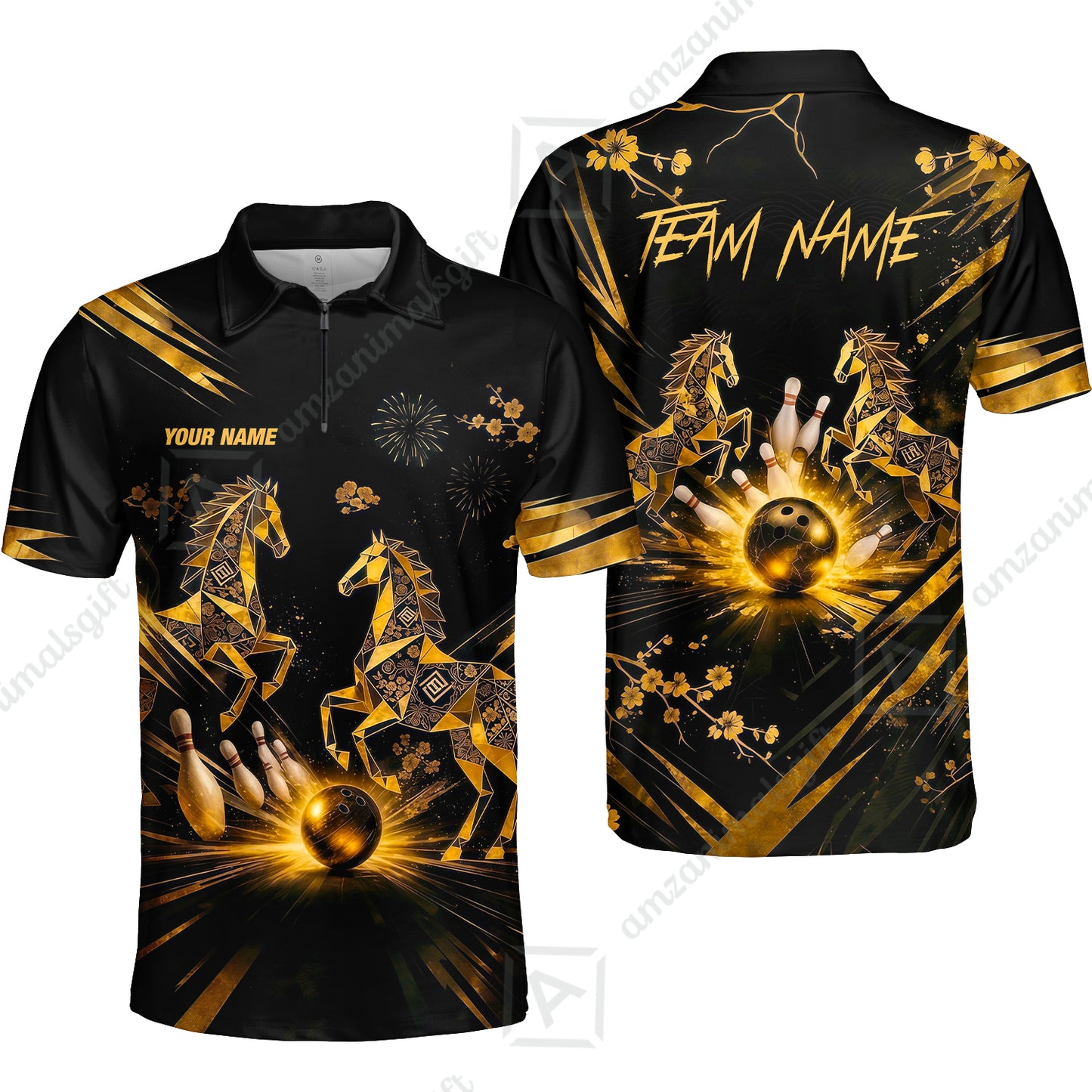 Custom Bowling Jersey Polo Shirt, Black Gold Horse, Custom Bowling Jersey Team Shirt For Players With Name & Team Name
