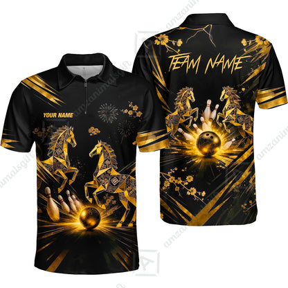 Custom Bowling Jersey Polo Shirt, Black Gold Horse, Custom Bowling Jersey Team Shirt For Players With Name & Team Name