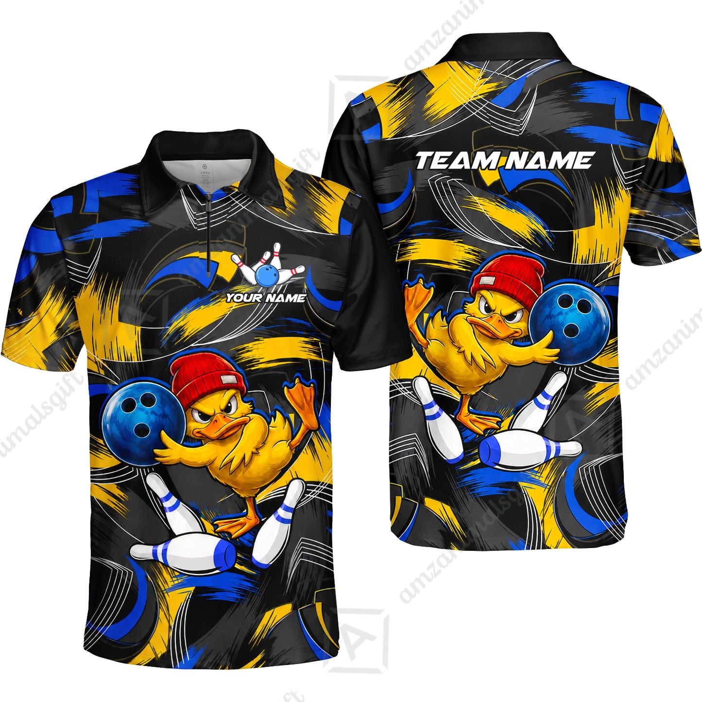 Custom Bowling Jersey Polo Shirt, Angry Grunge Splash Duckling, Custom Bowling Jersey Team Shirt For Players With Name and Team Name
