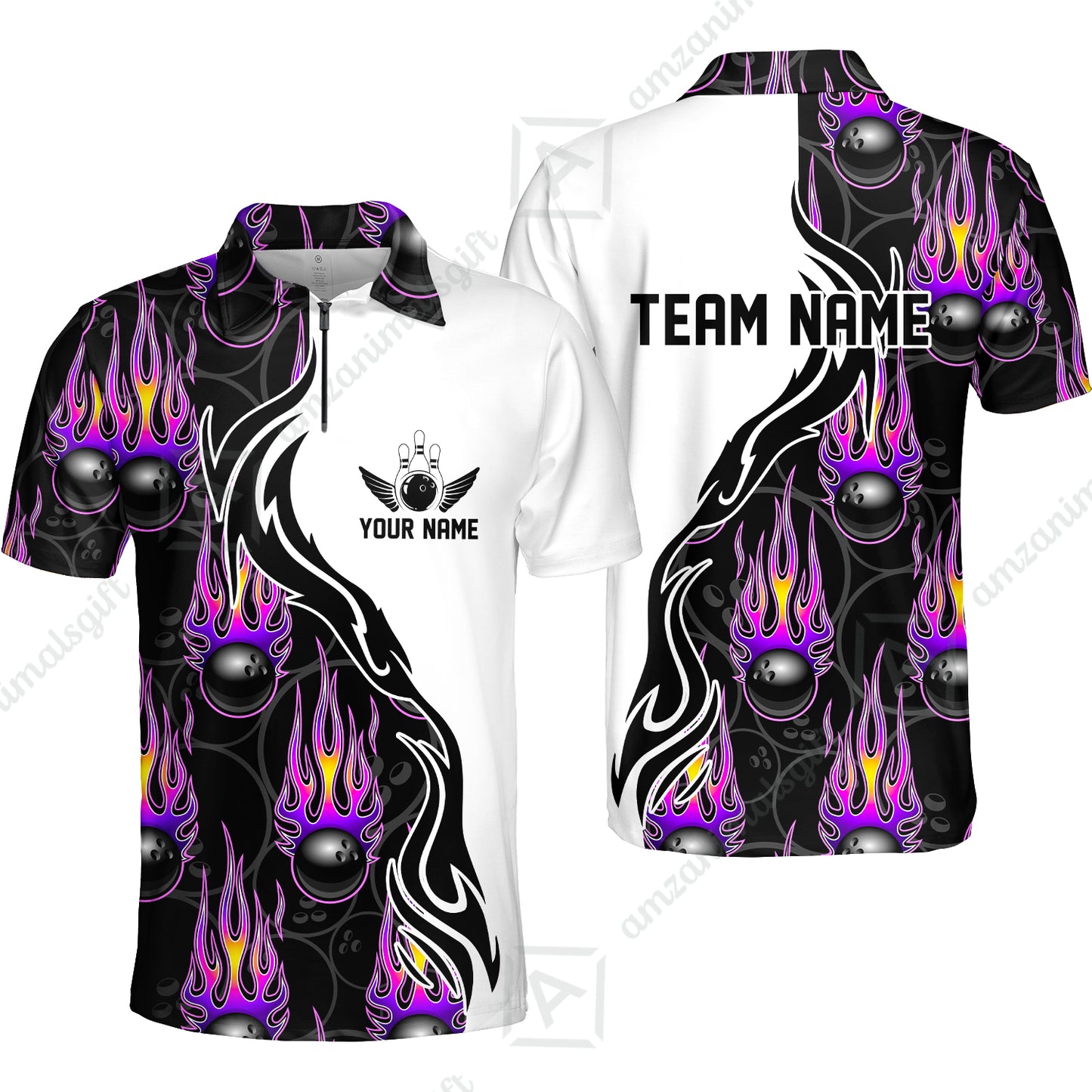 Customized Bowling Quarter-Zip Stand Collar Jersey Shirt, Bowling Ball With Fire Pattern Shirt For Team Men Women Bowler