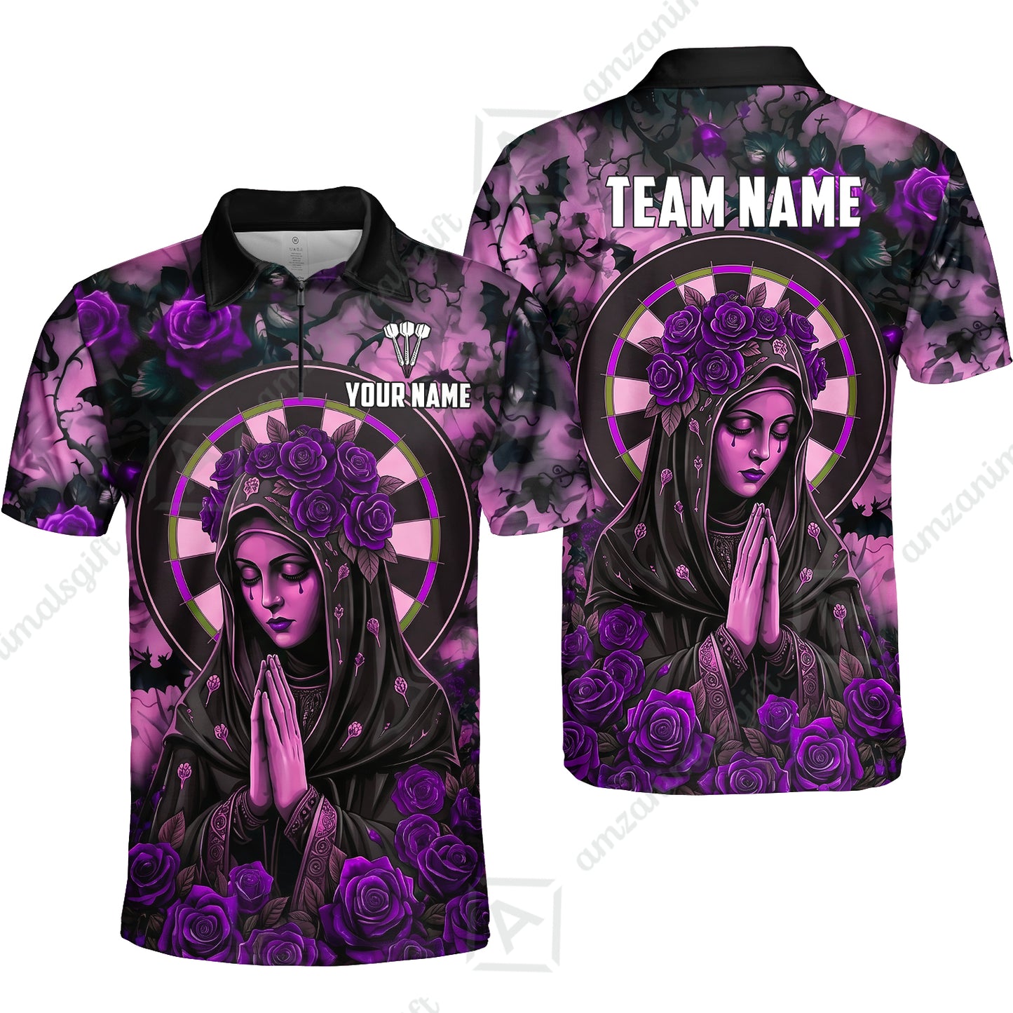 Custom Darts Jersey Polo Shirt, Gothic Madonna And Blue Rose, Custom Dart Jersey Team Shirt For Players With Name & Team Name