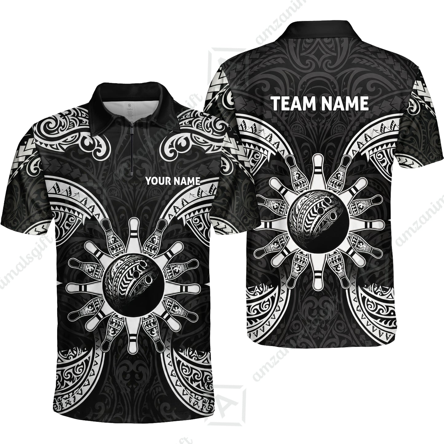 Custom Bowling Jersey Polo Shirt, Symmetric Polynesian Tribal Art Bowling, Custom Bowling Jersey Team Shirt For Players With Name and Team Name