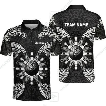 Custom Bowling Jersey Polo Shirt, Symmetric Polynesian Tribal Art Bowling, Custom Bowling Jersey Team Shirt For Players With Name and Team Name