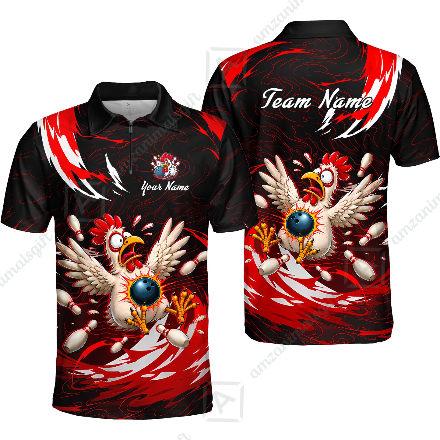 Customized Bowling Shirt, Crazy Chicken, Personalized Polo Shirt For Players With Name & Team Name