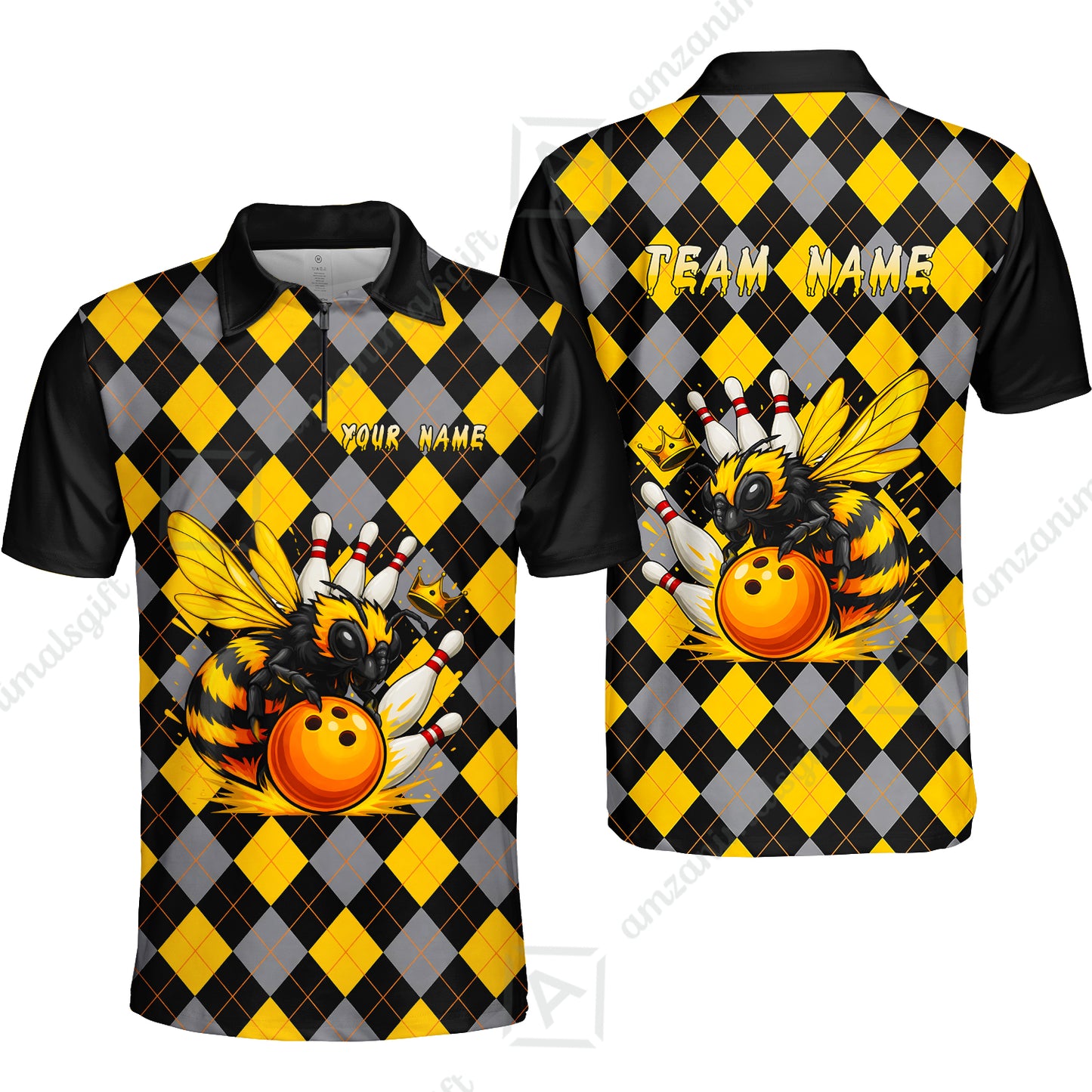 Custom Bowling Jersey Polo Shirt, Argyle Bee Mascot, Custom Bowling Jersey Team Shirt For Players With Name and Team Name