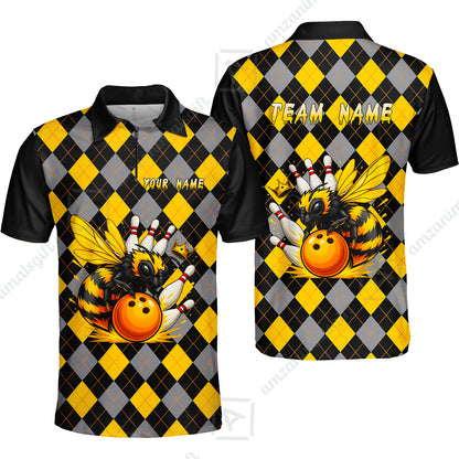Custom Bowling Jersey Polo Shirt, Argyle Bee Mascot, Custom Bowling Jersey Team Shirt For Players With Name and Team Name