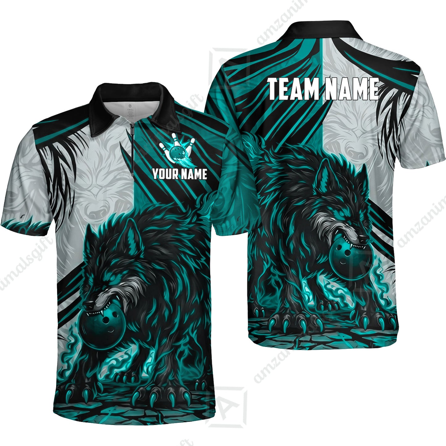 Custom Bowling Jersey Polo Shirt, Lone Wolf Strike & Emerald Frost, Custom Bowling Jersey Team Shirt For Players With Name & Team Name