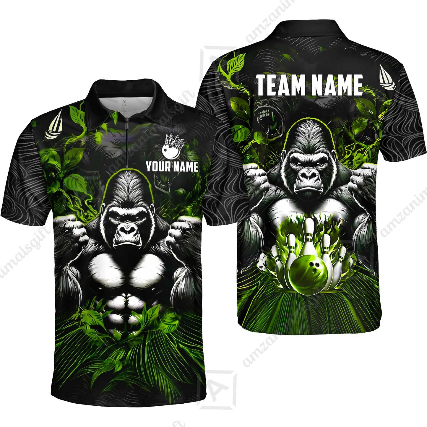 Custom Bowling Jersey Polo Shirt, Furious Gorilla Mascot, Custom Bowling Jersey Team Shirt For Players With Name & Team Name