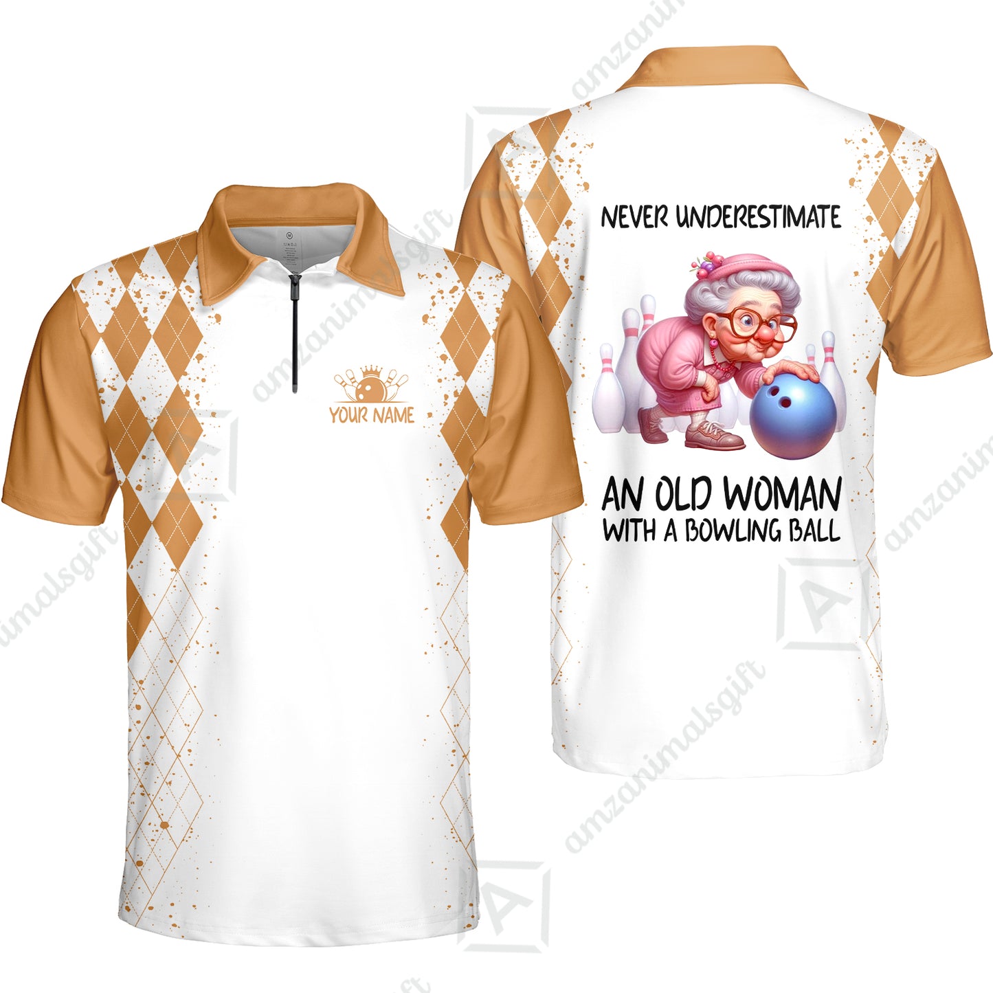 Custom Bowling Jersey Polo Shirt, Never Underestimate An Old Woman With A Bowling Ball, Personalized Name & Team Name