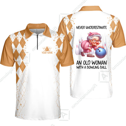 Custom Bowling Jersey Polo Shirt, Never Underestimate An Old Woman With A Bowling Ball, Personalized Name & Team Name