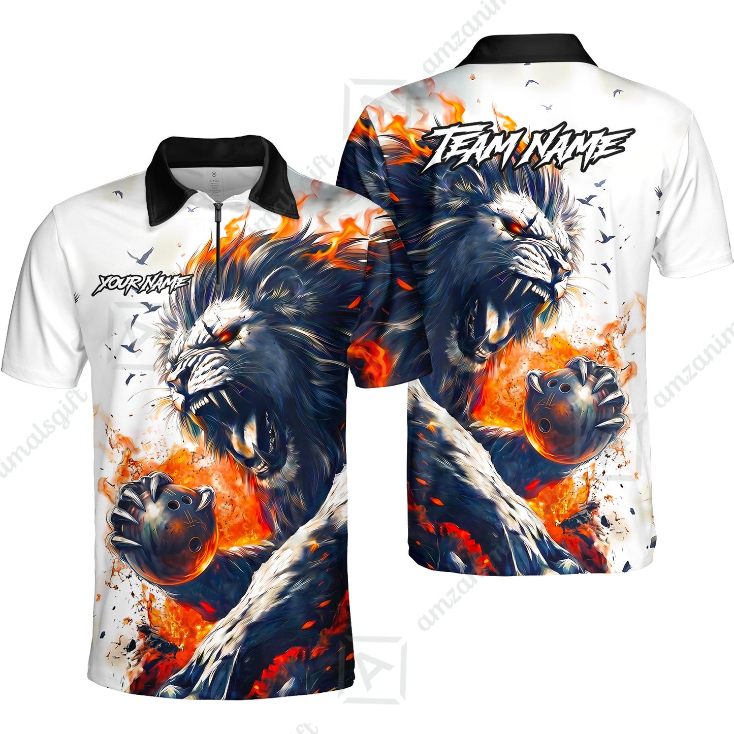 Custom Bowling Jersey Polo Shirt, Lion Fire Lava, Personalized Name And Team Name