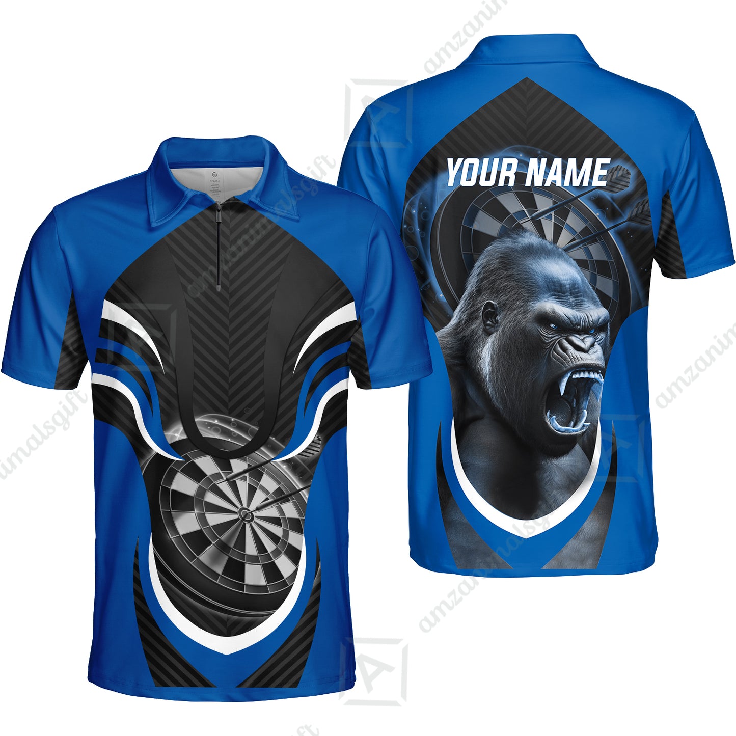 Gorilla And Darts Custom Name Men Polo Shirt, Bullseye Dartboard Brown Personalized Men Polo Shirt Gift For Darts Lovers, Team, Friends