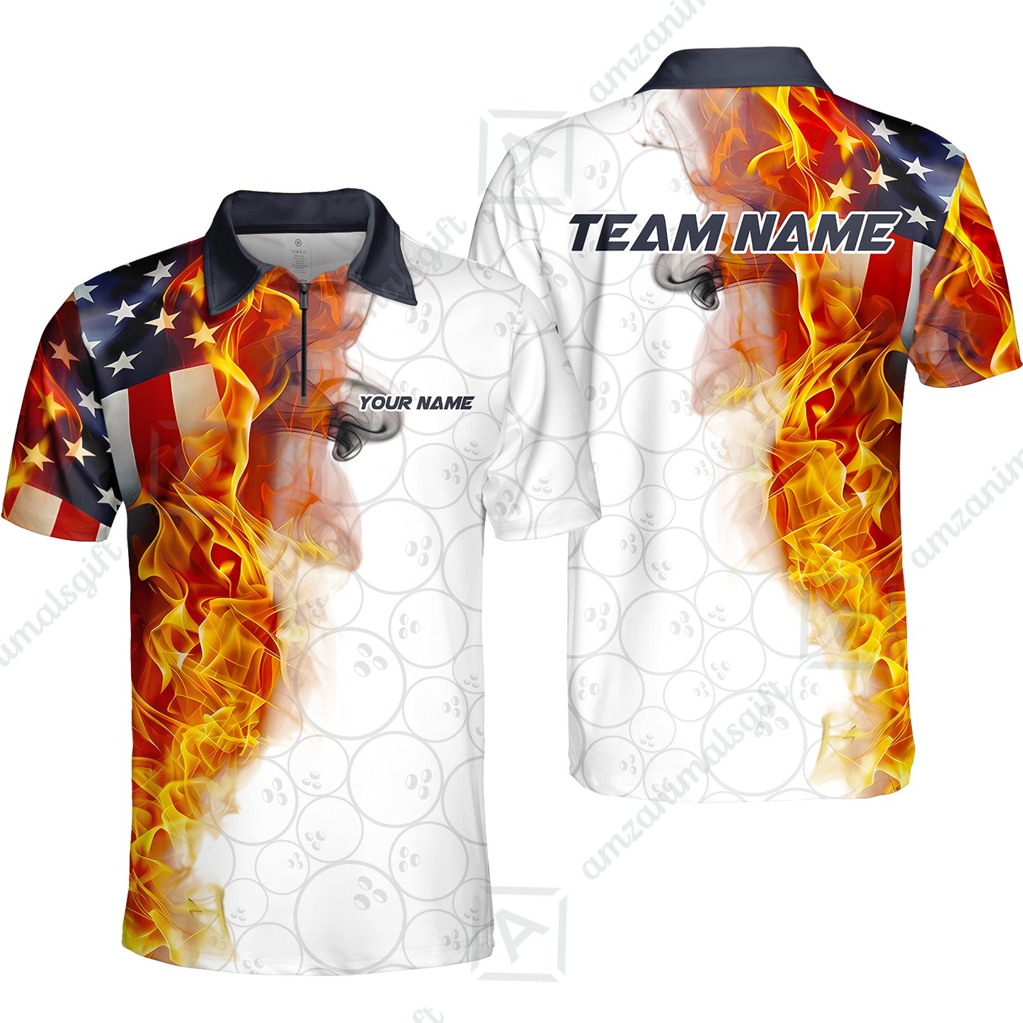Custom Bowling Jersey Polo Shirt, Flaming USA Flag Graphic Bowling, Custom Bowling Jersey Team Shirt For Players With Name & Team Name