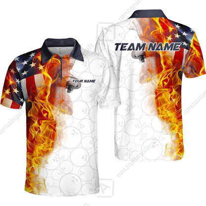 Custom Bowling Jersey Polo Shirt, Flaming USA Flag Graphic Bowling, Custom Bowling Jersey Team Shirt For Players With Name & Team Name