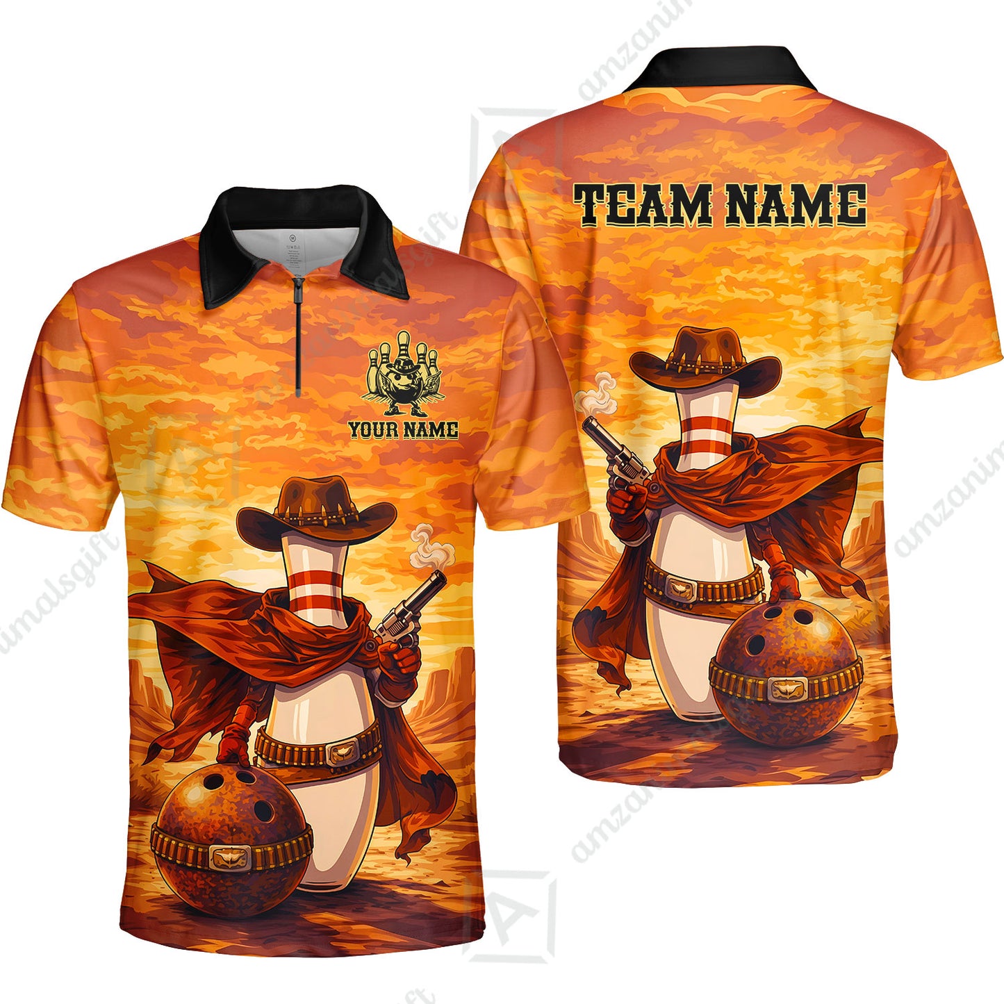 Custom Bowling Jersey Polo Shirt, Pin Cowboy Bowling Sunset, Custom Bowling Jersey Team Shirt For Players With Name and Team Name