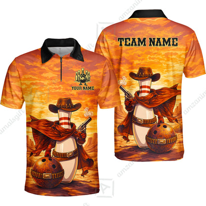 Custom Bowling Jersey Polo Shirt, Pin Cowboy Bowling Sunset, Custom Bowling Jersey Team Shirt For Players With Name and Team Name