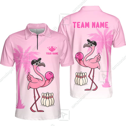 Custom Bowling Jersey Polo Shirt, Flamingo Bowling Coconut Tree, Custom Bowling Jersey Team Shirt For Players With Name and Team Name