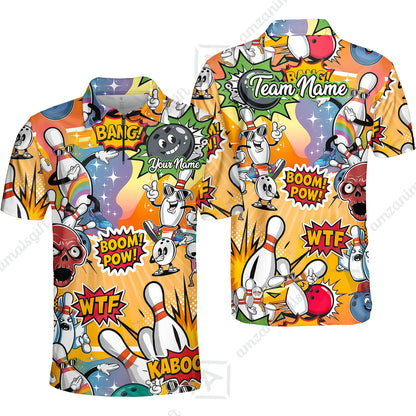 Custom Bowling Jersey Polo Shirt, Pop Art Bowling Blast Custom Bowling Jersey Team Shirt For Players With Name & Team Name
