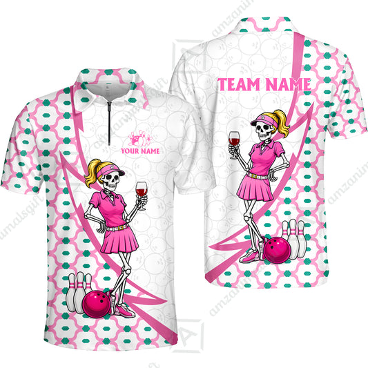 Custom Bowling Jersey Polo Shirt, Pink Skeleton Bowling, Personalize Name and Team Name
