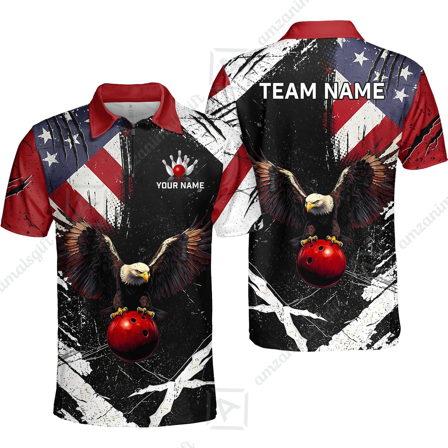 Custom Bowling Jersey Polo Shirt, Patriotic Bald Eagle Distressed American Flag Grunge, Custom Bowling Jersey Team Shirt For Players With Name & Team Name