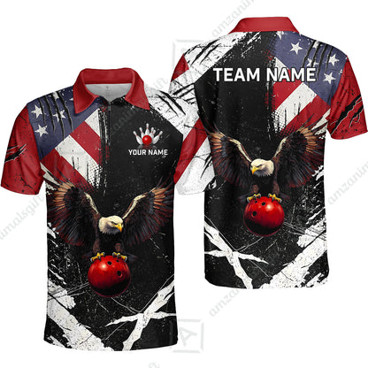 Custom Bowling Jersey Polo Shirt, Patriotic Bald Eagle Distressed American Flag Grunge, Custom Bowling Jersey Team Shirt For Players With Name & Team Name