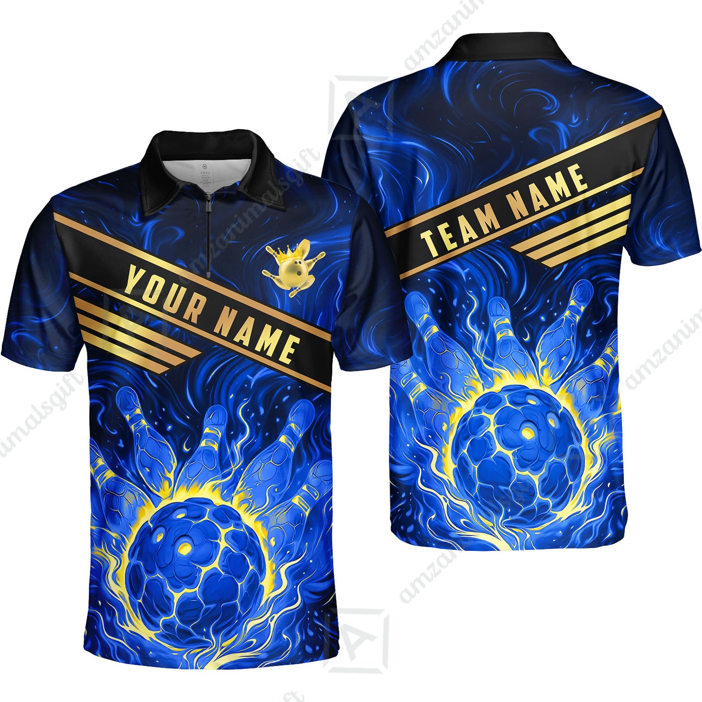 Custom Bowling Polo Shirt, Glowing Bowling Ball and Pins Custom Bowling Polo Team Shirt For Players With Name & Team Name