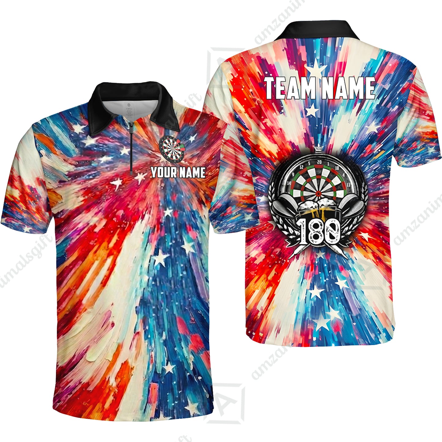 Custom Darts Team Jersey, Personalized 180 Beer USA Color Splash Darts Polo Shirt For Players With Name & Team Name