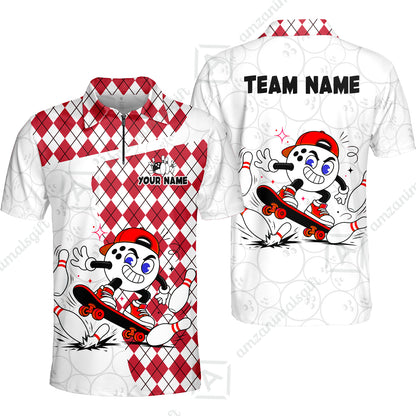 Custom Bowling Jersey Polo Shirt, Skateboarder Bowling Ball Mascot, Custom Bowling Jersey Team Shirt For Players With Name and Team Name
